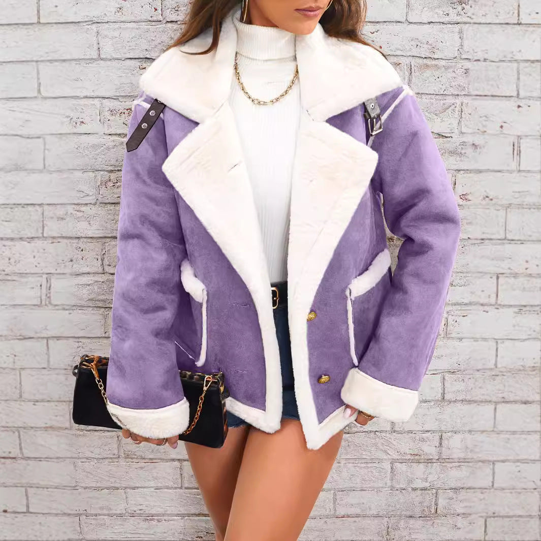 Loom & Soul™ Women’s Plush Polo Collar Jacket – Thick Winter Fleece Coat for Cozy Korean Street Style