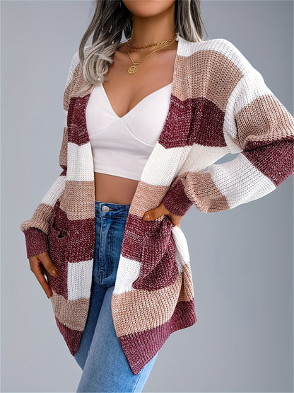 Cárdigan a rayas con bloques de color para mujer – Suéter de punto de invierno con mangas abullonadas