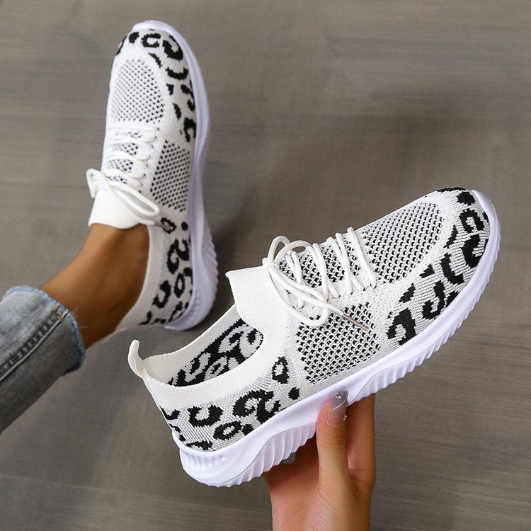 Loom & Soul Leopard Print Lace-Up Sneakers – Women’s Casual White Sports Shoes with Round Toe
