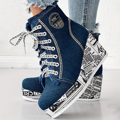Bottines à talons épais scintillantes pour femmes – Bottines à lacets avec cœur en dentelle