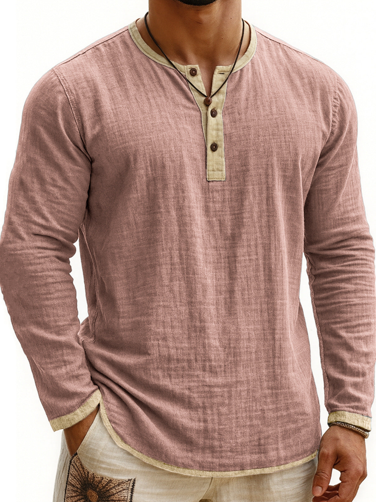 Chemise Henley Homme à Manches Longues Slim Fit à 3 Boutons et Imprimé Numérique Bicolore