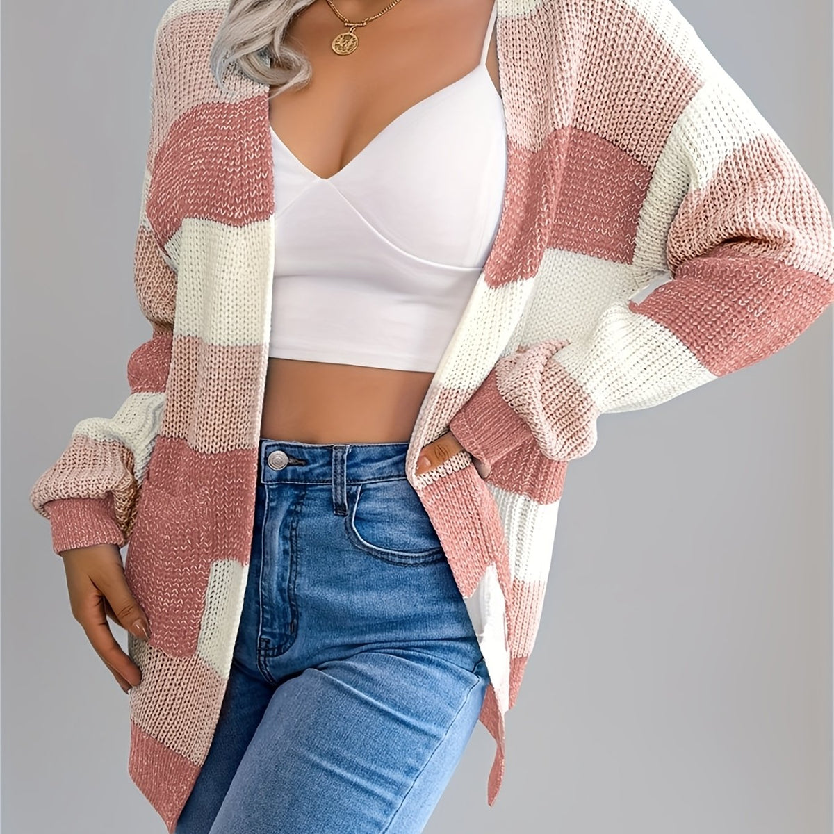 Cárdigan a rayas con bloques de color para mujer – Suéter de punto de invierno con mangas abullonadas