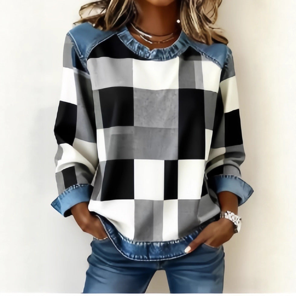 Sweat-shirt en jean patchwork pour femme – Pull ras-du-cou à motif floral