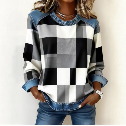 Sweat-shirt en jean patchwork pour femme – Pull ras-du-cou à motif floral