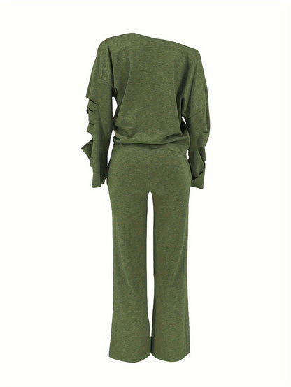 Conjunto de 2 piezas para mujer, hombros descubiertos, efecto envejecido – Top de manga larga y pantalón rasgado
