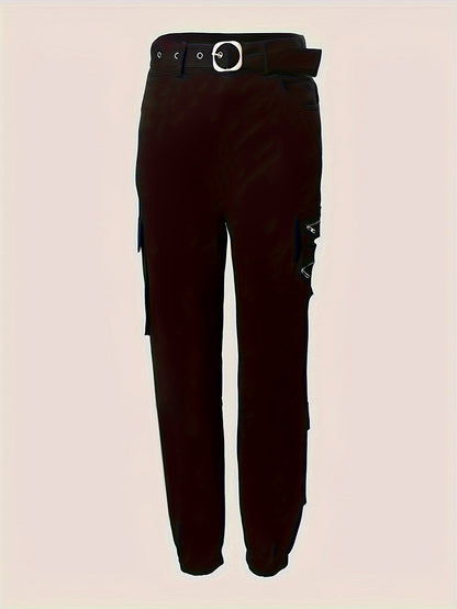Pantalon Femme Slim Taille Haute avec Ceinture et Poches Zippées – Décontracté Été
