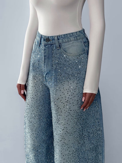 Jean en jean vintage orné de strass pour femme – Pantalon mode scintillant irrégulier