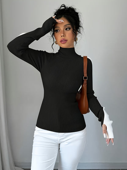 Women’s Color Block Turtleneck Sweater – Elegant Soft Knit Top