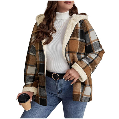 Manteau à carreaux doublé polaire et à capuche pour femme – Chaleur rétro ajustée
