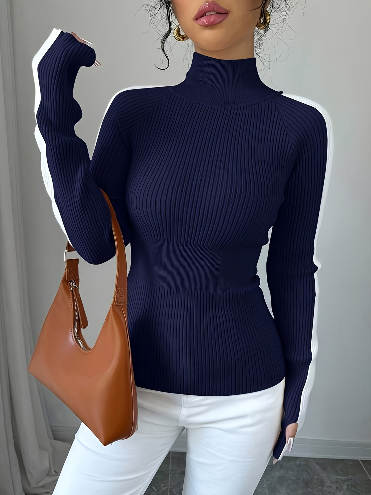 Women’s Color Block Turtleneck Sweater – Elegant Soft Knit Top