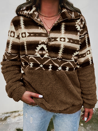 Sweat-shirt Teddy à motif géométrique – Pull polaire demi-zippé pour l'automne et l'hiver