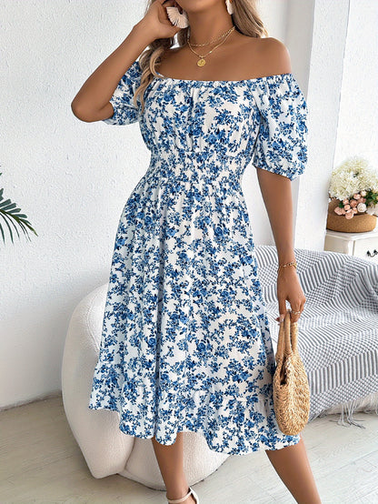 Robe trapèze à manches bouffantes et encolure carrée – Robe élégante à fleurs pour le printemps et l'été