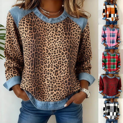 Sweat-shirt en jean patchwork pour femme – Pull ras-du-cou à motif floral