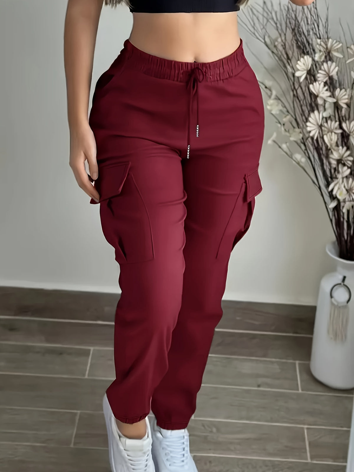 Women’s Black Cargo Pants – Elastic Drawstring Workwear Trousers