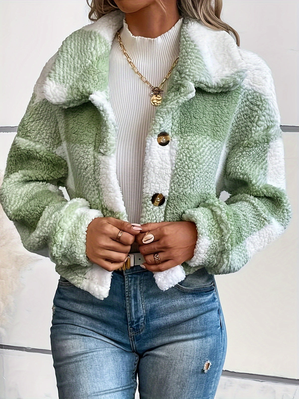 Manteau d'hiver en peluche à carreaux pour femme – Chaud, boutonné, manches longues