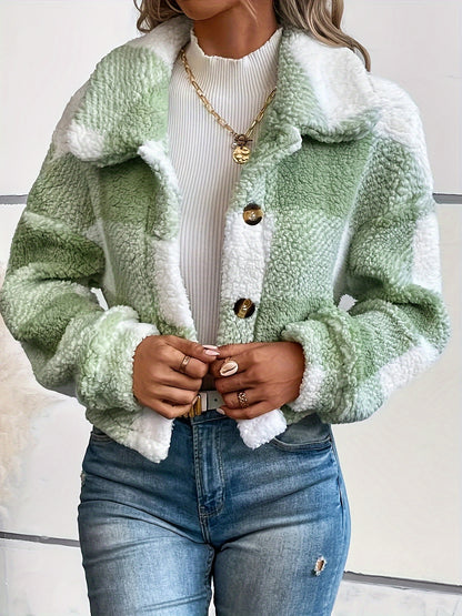 Manteau d'hiver en peluche à carreaux pour femme – Chaud, boutonné, manches longues