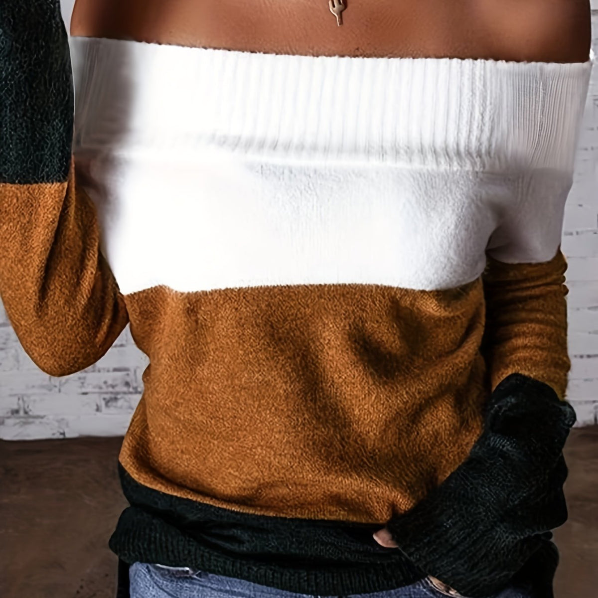 Women’s Off-Shoulder Color Block Sweater – Chic Fall Knit Pullover
