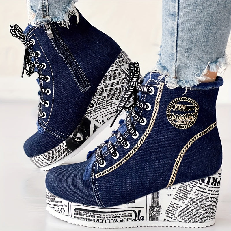 Bottines à talons épais scintillantes pour femmes – Bottines à lacets avec cœur en dentelle