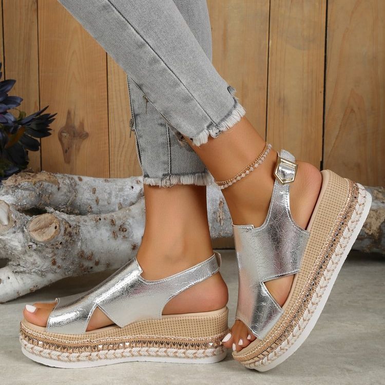 Loom & Soul™ Shiny Wedge Sandals – Women’s Hollow Fish Mouth Buckle Sandals