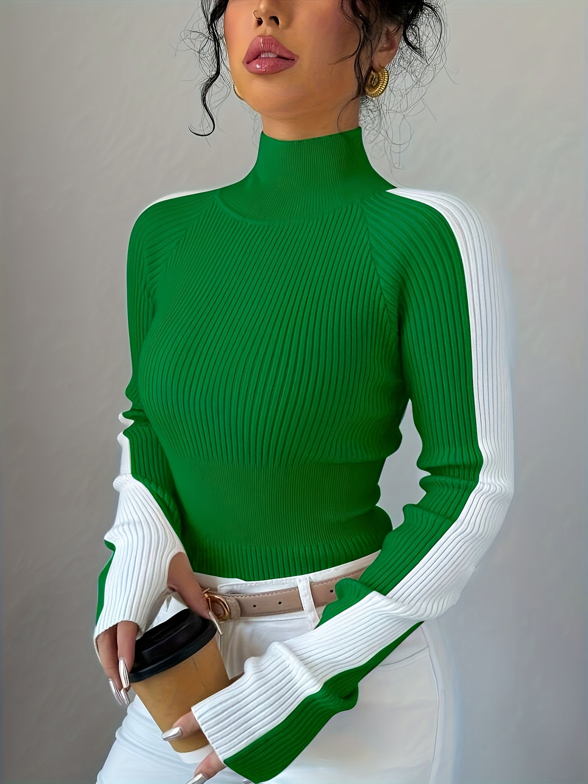 Women’s Color Block Turtleneck Sweater – Elegant Soft Knit Top
