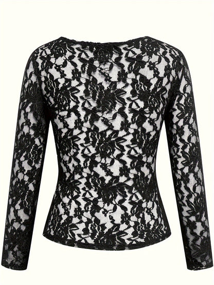 Women’s Sheer Lace V-Neck Top – Elegant Floral Long Sleeve Blouse