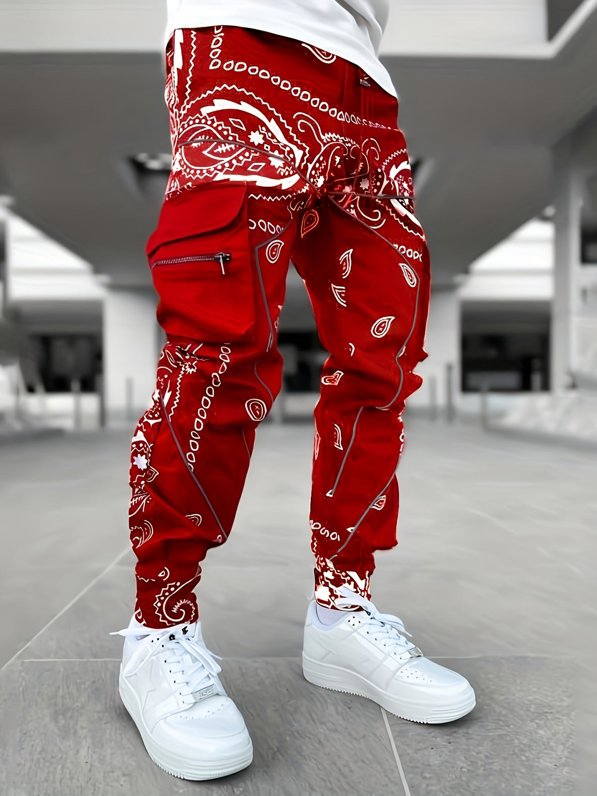 Pantalon cargo de jogging géométrique pour homme – Coupe ample avec poches zippées