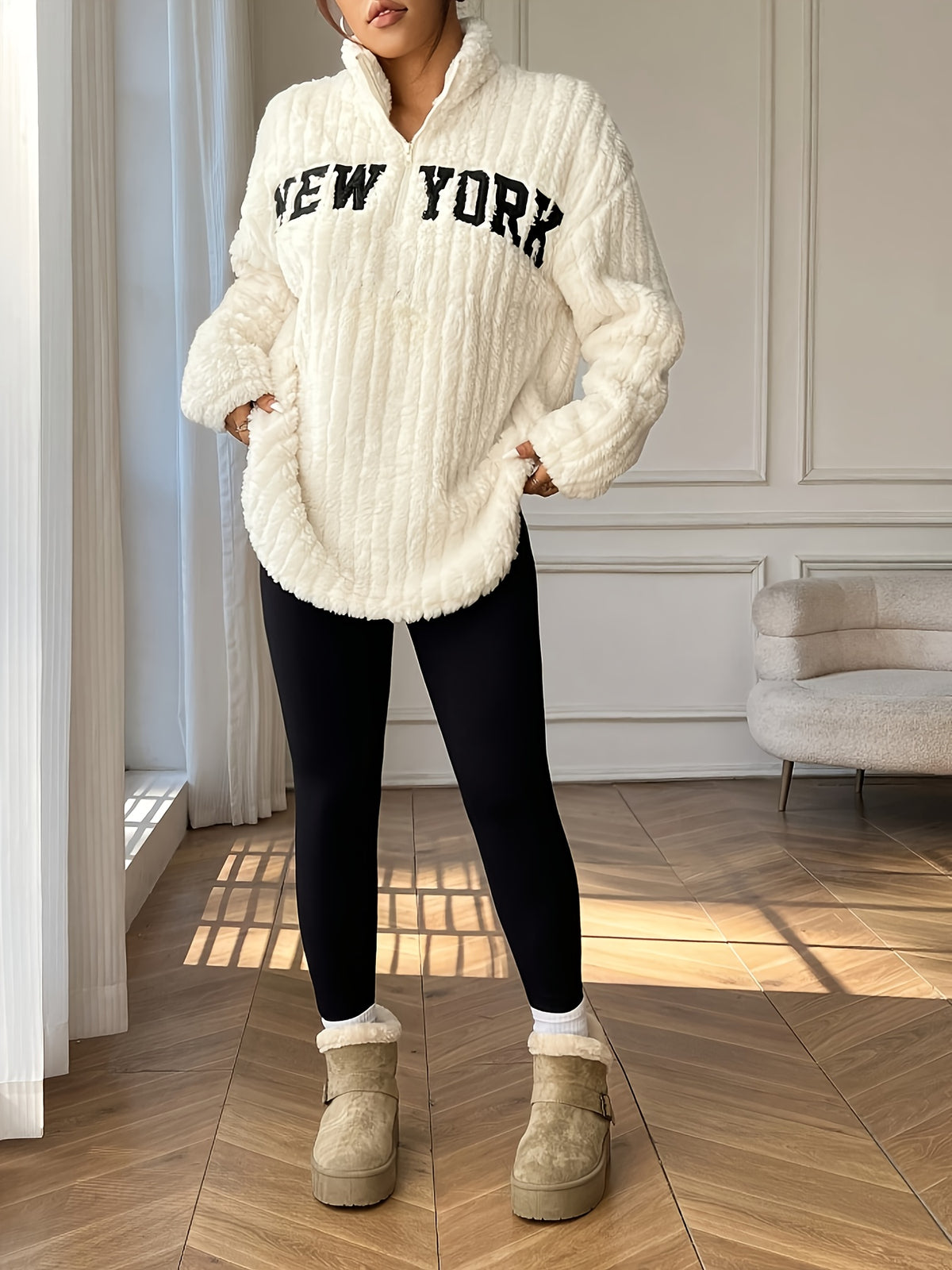 Manteau-pull élégant à fermeture éclair – Vêtement d'extérieur automne/hiver à col montant pour femme