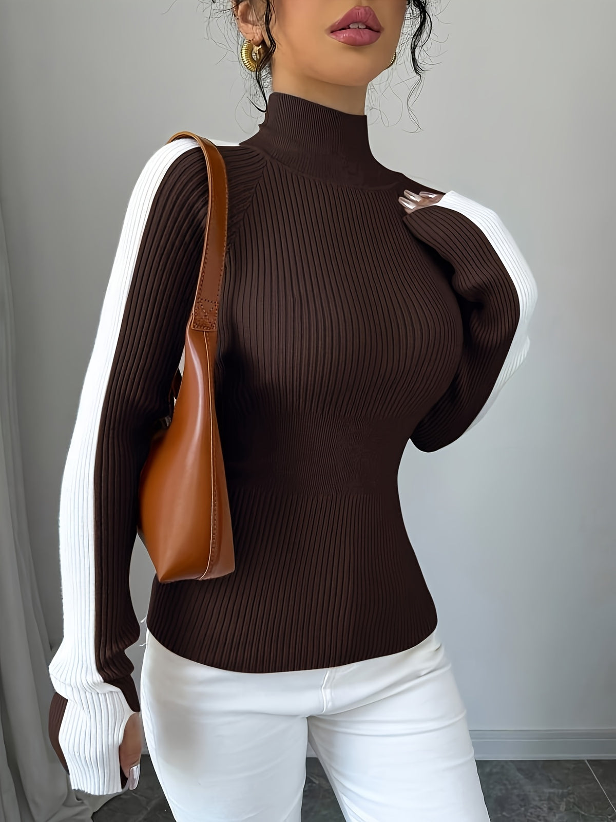 Women’s Color Block Turtleneck Sweater – Elegant Soft Knit Top