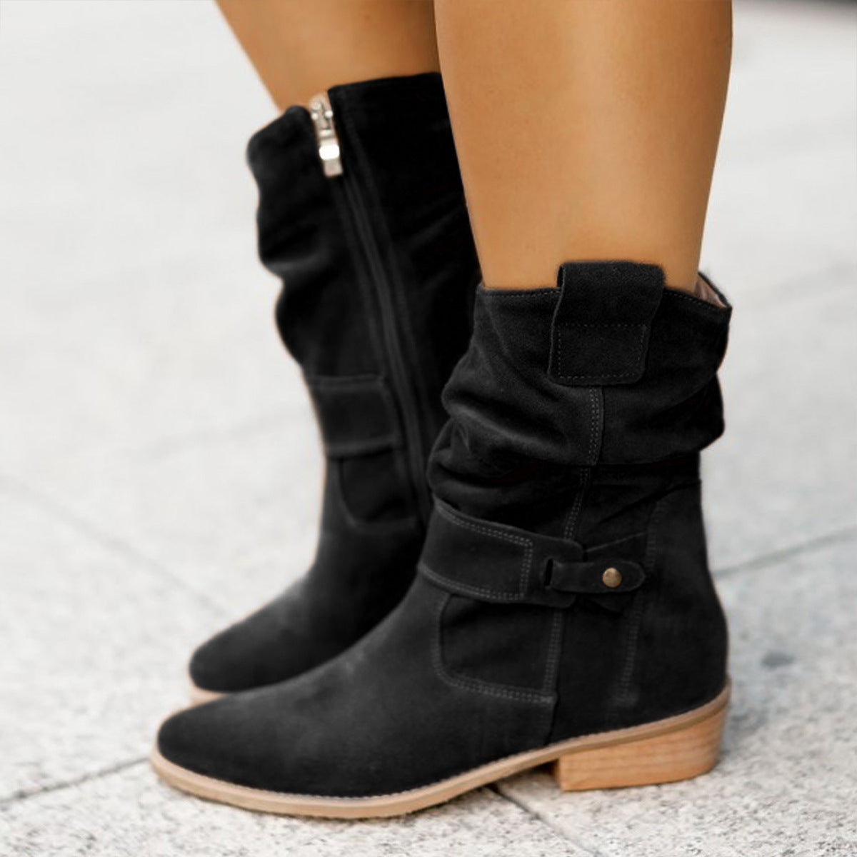 Bottes mi-mollet à bout pointu Loom & Soul pour femme – Bottes western en daim tendance avec fermeture éclair et talon carré
