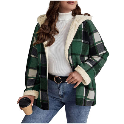 Manteau à carreaux doublé polaire et à capuche pour femme – Chaleur rétro ajustée