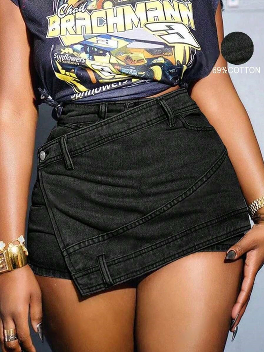 Minifalda pantalón vaquera grunge para mujer – Estilo urbano asimétrico envolvente en línea A