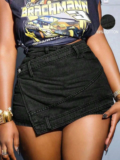 Minifalda pantalón vaquera grunge para mujer – Estilo urbano asimétrico envolvente en línea A