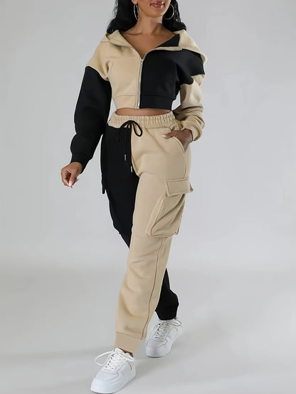Colorblock Hooded Jacket & Cargo Pants Set – Women’s Zip-Up Two-Piece