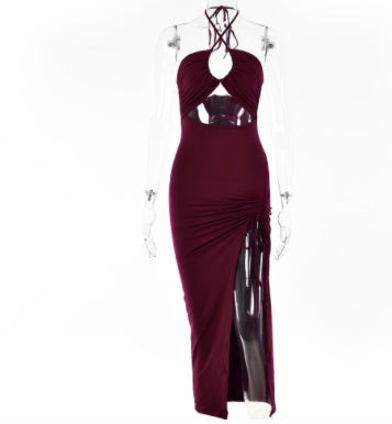 Vestido maxi dividido con cordones y cuello halter – Vestido de fiesta de verano Y2K sin espalda