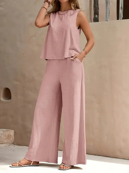 Women’s Linen Two-Piece Set – Sleeveless Top & Loose Pants Outfit