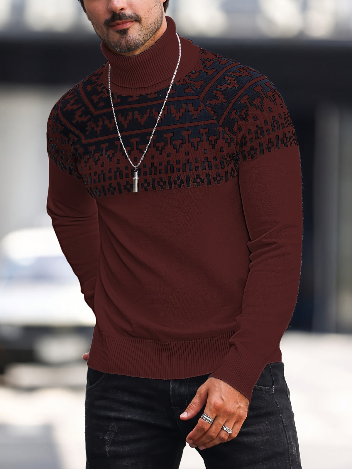 Men’s Geometric Turtleneck Sweater – Casual Knit Pullover for Fall & Winter