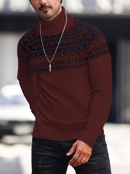 Men’s Geometric Turtleneck Sweater – Casual Knit Pullover for Fall & Winter