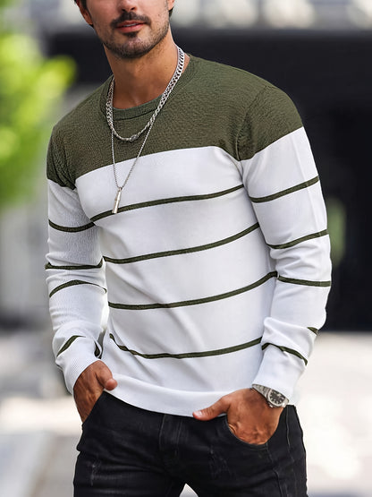 Men’s Navy Striped Knit Sweater – Casual Crew Neck Pullover