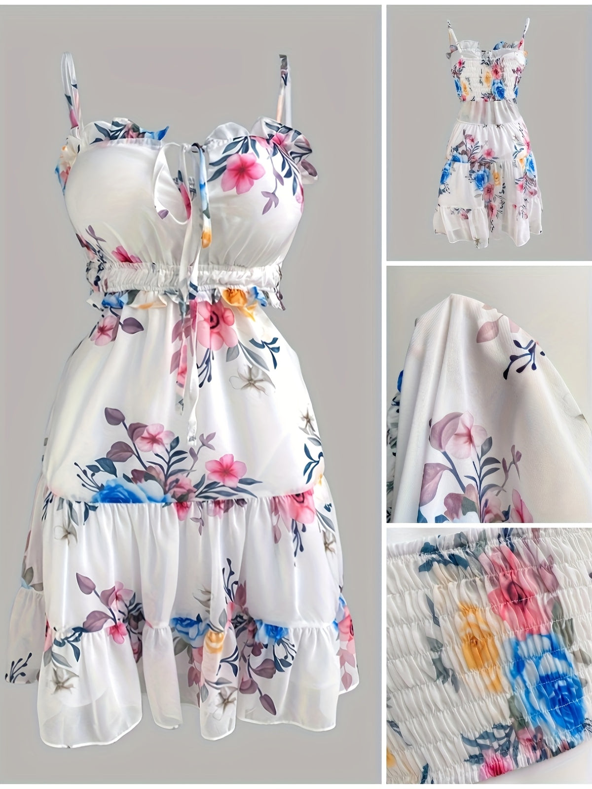 Floral Cold Shoulder Ruched Mini Dress – Spaghetti Strap Beach Style