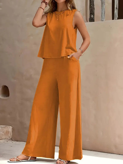 Women’s Linen Two-Piece Set – Sleeveless Top & Loose Pants Outfit