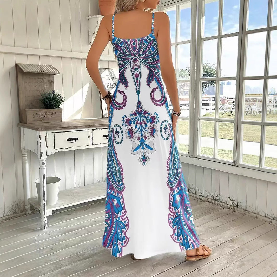 Robe longue imprimée sans manches col en V – Robe à bretelles motif rétro artistique