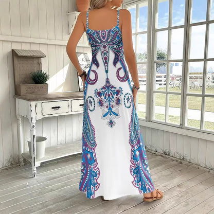 Robe longue imprimée sans manches col en V – Robe à bretelles motif rétro artistique