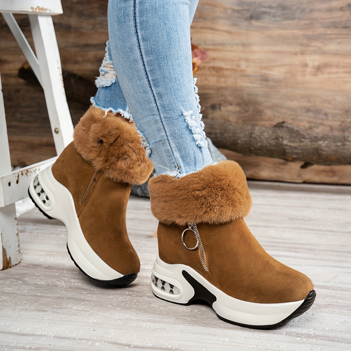 Bottines compensées pour femme – Chaussures d'hiver zippées à doublure en peluche