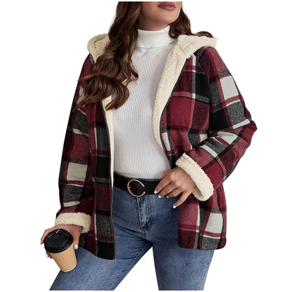 Manteau à carreaux doublé polaire et à capuche pour femme – Chaleur rétro ajustée