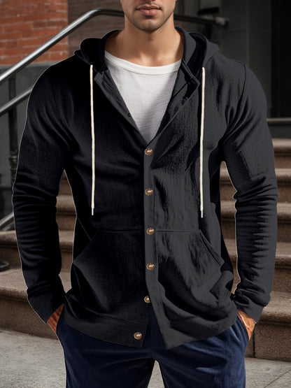 Camisa con capucha y manga larga de lino para hombre – Informal con botones y bolsillo