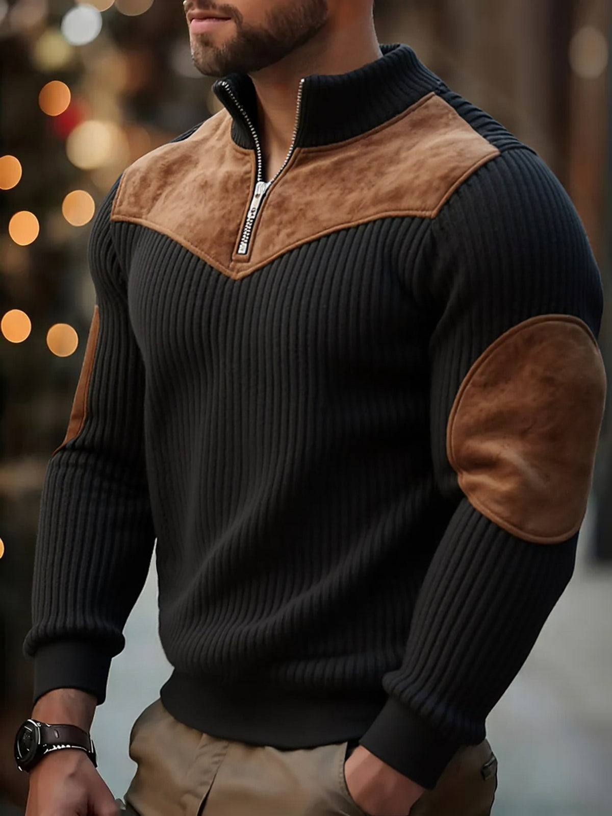 Pull Homme Demi-Zip Col Droit – Sweat Rétro Chaud et Côtelé