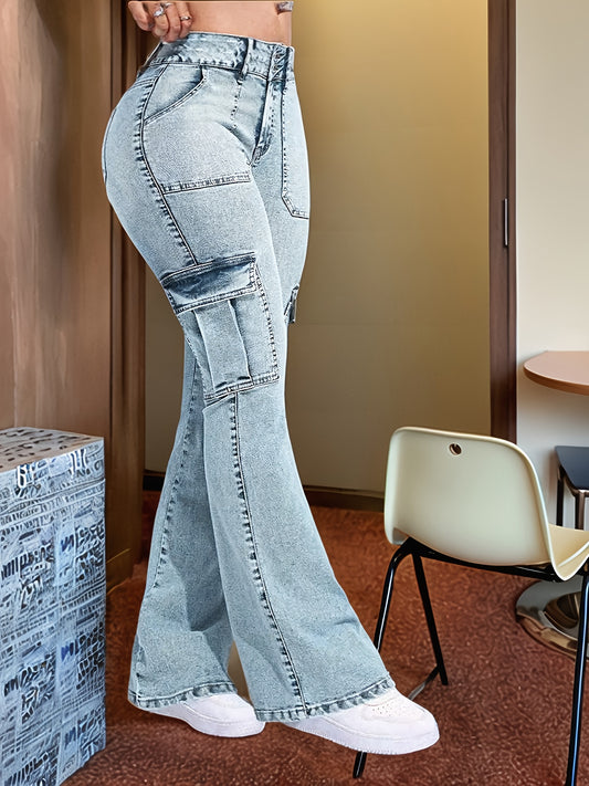Women’s Multi Pocket Cargo Denim Jeans – Skinny Bell Bottom Work Pants