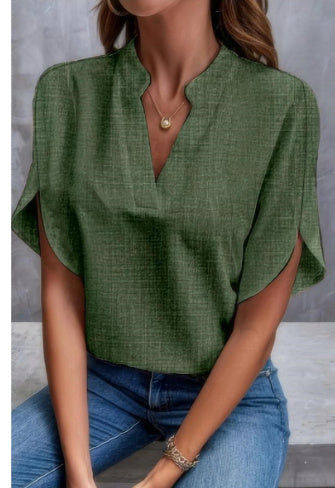 Loom & Soul™ V-Neck Chiffon Blouse – Women’s Elegant Short-Sleeve Summer Top