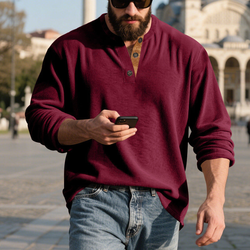Men’s Retro Corduroy Henley Shirt – Long Sleeve Loose Fit