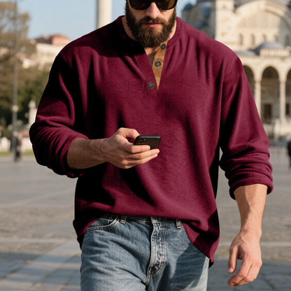 Men’s Retro Corduroy Henley Shirt – Long Sleeve Loose Fit